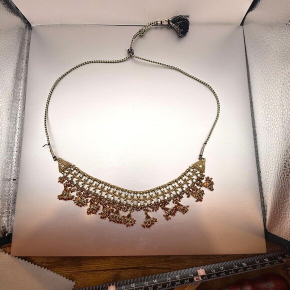 Vintage Indian Bollywood Style Gold Tone Crystal Bib Necklace With Amber Beads – - Picture 2 of 12